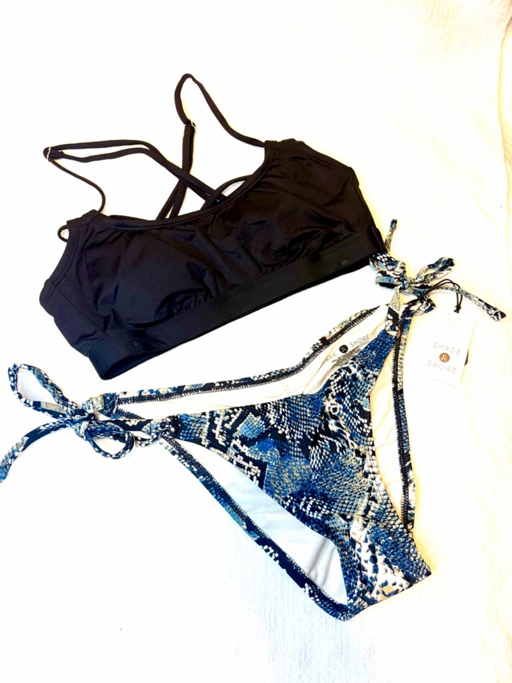 NWT - 2 piece Bikini - Black Bikini Top with Blue Snake-Print Tie-Side Bottoms